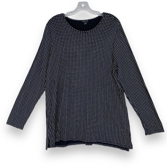 J. Jill Shirt Tunic Long Sleeve Check Grid‎ Top Round Neck Stretch - Picture 1 of 11